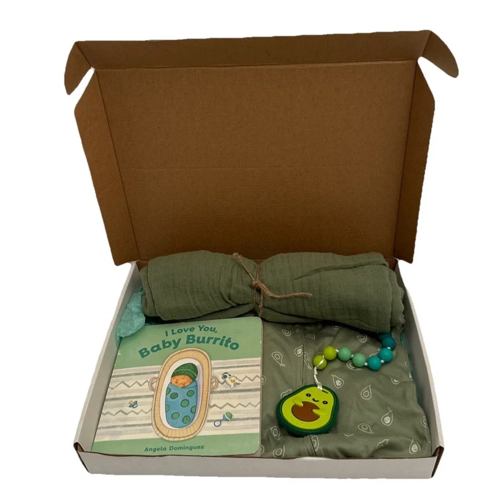 New Unisex Avocado Baby Shower Theme Gift, Avocado PJ's, Book, Teether & Blanket
